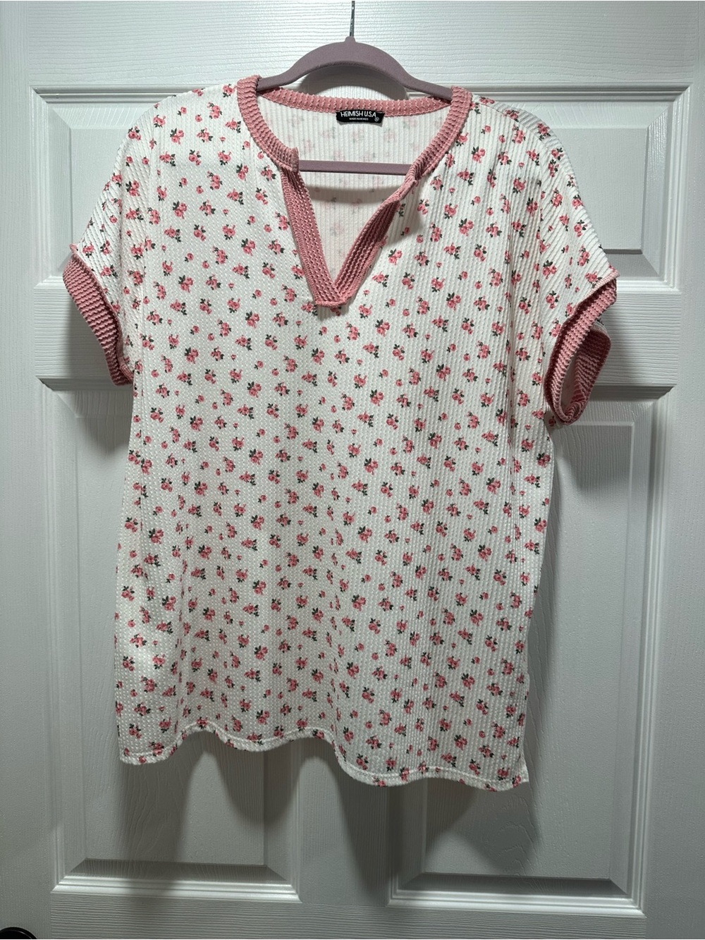 HEIMISH USA White Tee with Pink Floral Print and Pink Trim
